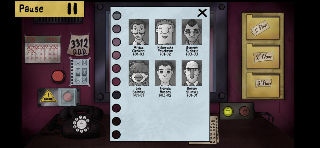 That's not my Neighbor! - Uma lista de retratos e nomes de vizinhos em um documento de papel em uma mesa de porteiro com um telefone de discagem rotativa