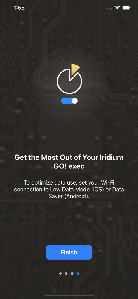 Iridium GO! exec - Iridium GO exec onboarding screen providing instructions for optimizing satellite data usage.