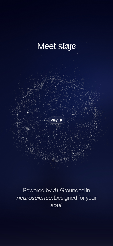 Skye - Rewire your Mind - Introduction screen for Skye manifestation app featuring a celestial sphere and AI tagline