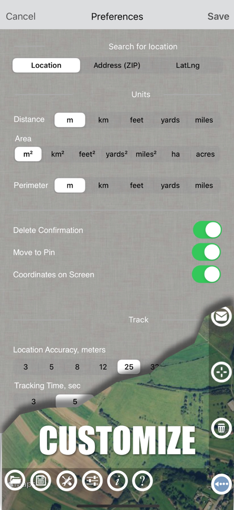 Planimeter GPS Area Measure - Planimeter app settings screen showing measurement unit options and GPS tracking preferences
