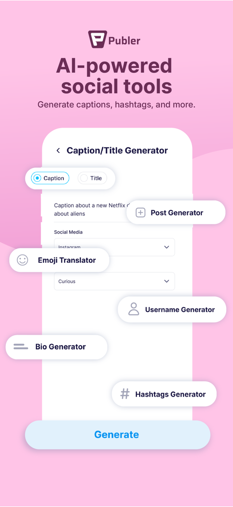 Publer: Social Media Tools - Publer app interface showing AI-powered social media tools for captions hashtags and bios
