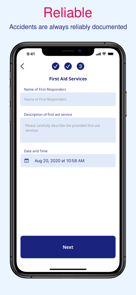 Accident book - Accident book app interface showing a form for documenting first aid services on a smartphone screen.