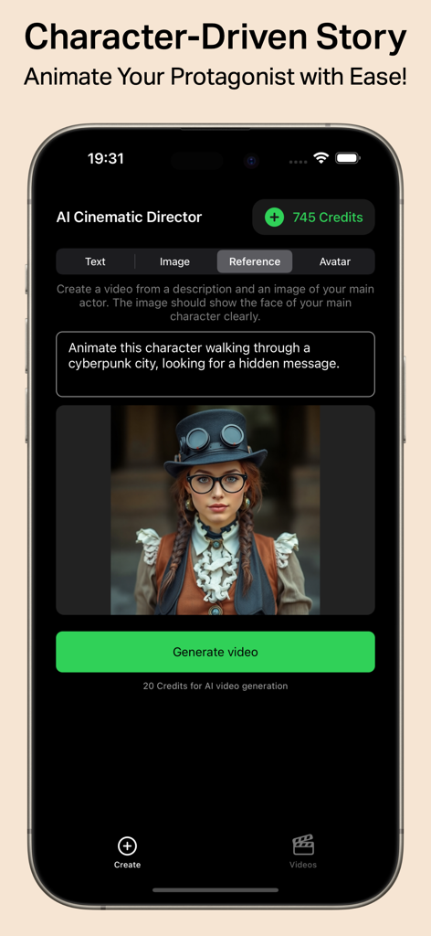 Cinematic AI: Create AI Videos - Cinematic AI app interface showing the reference tool to animate a character protagonist for storytelling.
