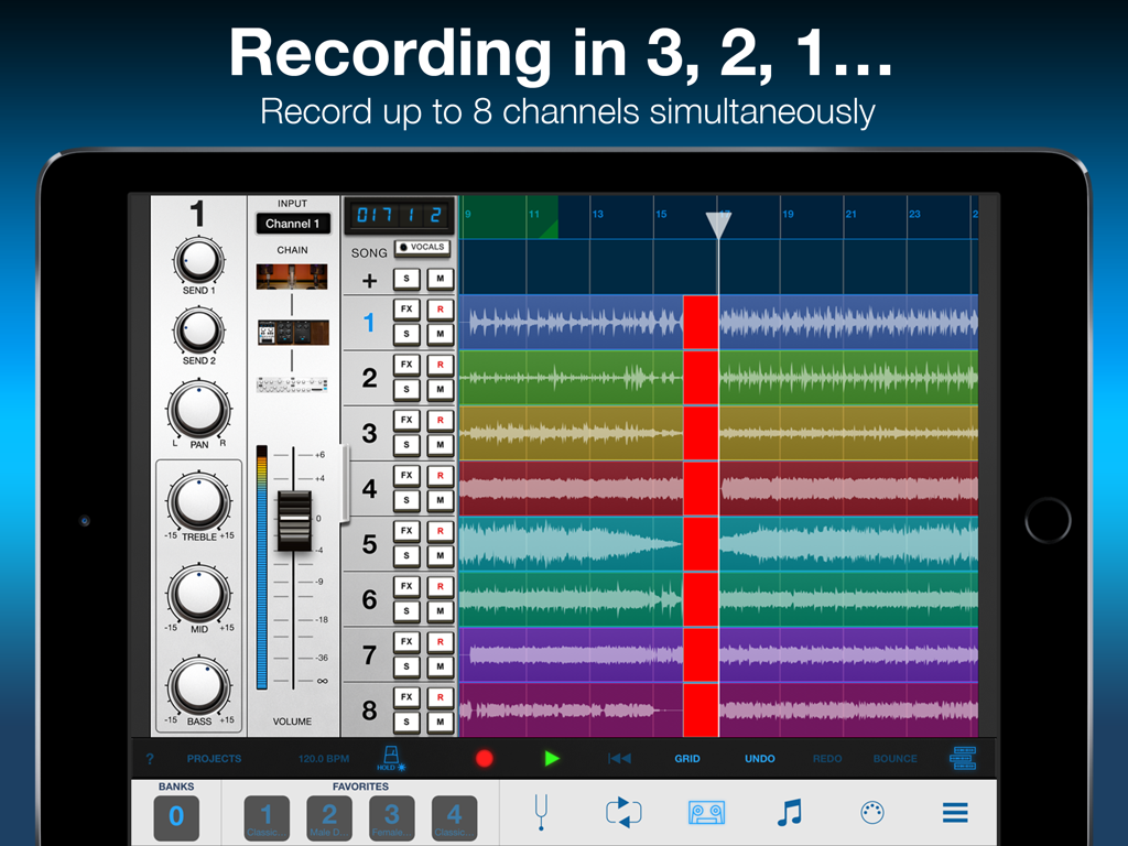 VocaLive for iPad interface showing an 8-track multitrack recording studio with color-coded waveforms and mixing controls.