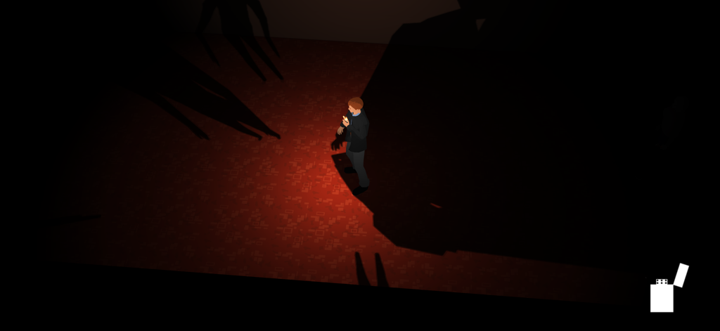 Edward The Detective: Exit - Detective Edward holding a lighter in a dark room surrounded by long eerie shadows