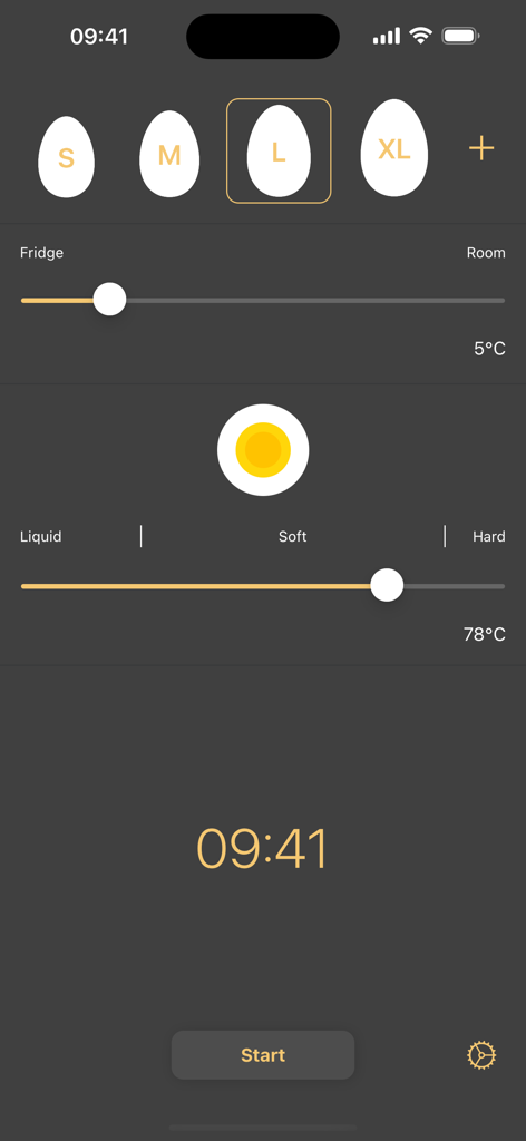 Egg Timer Plus - Egg Timer Plus interface showing customizable settings for egg size and cooking consistency