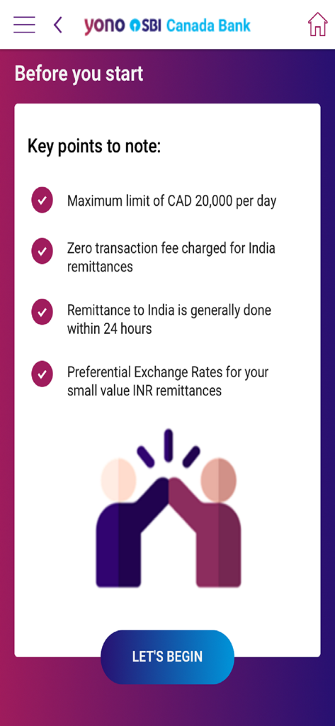 YONO SBI Canada - YONO SBI Canada app screen listing remittance features such as zero transaction fees and 24-hour transfers to India