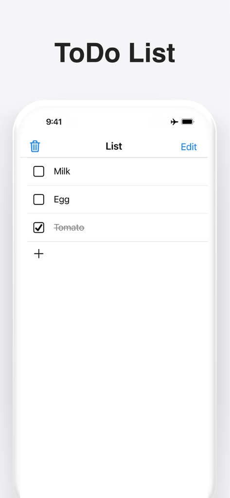 シンプルな食料品のタスクが表示された、ミニマリストな1画面ToDoリストのインターフェース