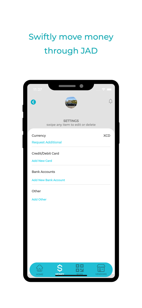JAD Cash - JAD Cash app settings screen for managing currency credit cards and bank accounts