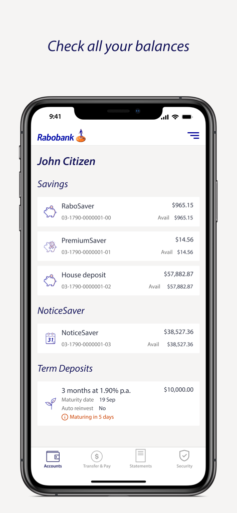 Rabobank Online Savings NZ - Rabobank Online Savings NZ mobile app interface showing various savings account balances and term deposits.