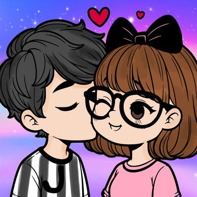 a boy kissing a beautuful girl with short hairy and glasses