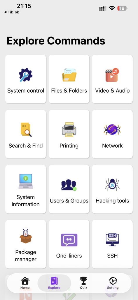 Learn Linux Commands - Main explore screen of the Learn Linux Commands app showing categories like System Control, Files and Folders, Network, and Hacking tools in a grid layout.