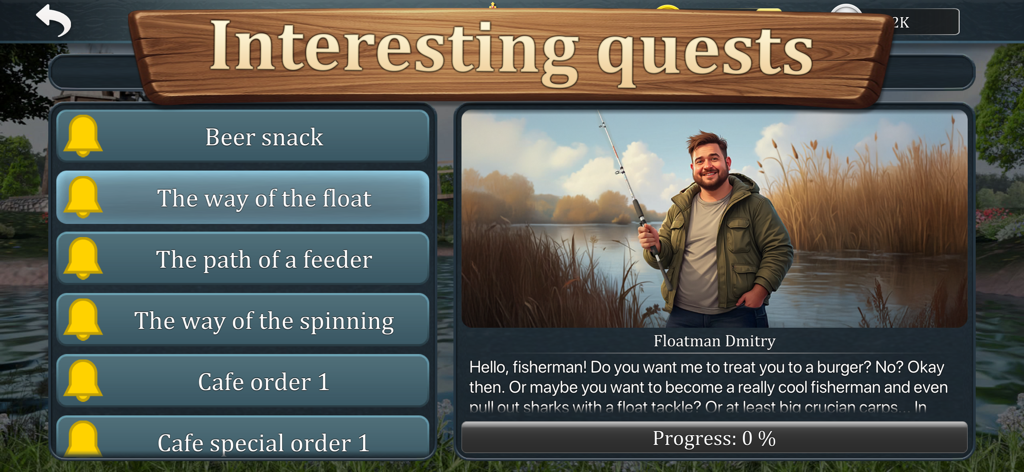 True Fishing 2 - In-game quest menu for True Fishing 2 showing a list of fishing challenges and an illustrated character profile.