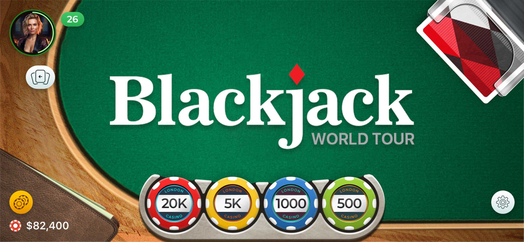 Blackjack - ロンドンのカジノチップと緑のフェルトテーブルを特徴とするブラックジャックワールドツアーのタイトル画面。