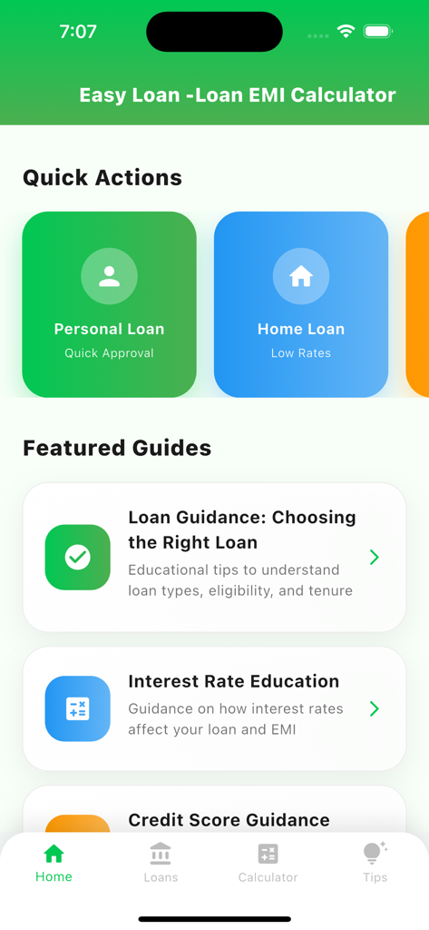 Easy Loan -Loan EMI Calculator - Easy Loan app home screen with personal and home loan calculation options and educational finance guides
