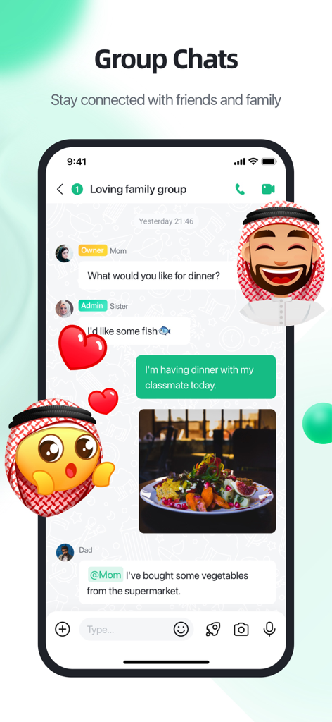 Interfaccia della chat di gruppo familiare di YallaChat con adesivi culturali e foto