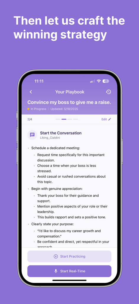 Persway: AI Negotiation Coach - Persway app screen showing a tailored playbook for salary negotiation