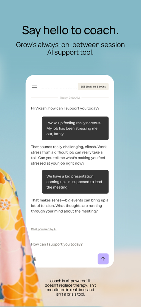 Grow Therapy - Grow Therapyアプリのスクリーンショット。セッション間のメンタルヘルスサポートのためのAIコーチのチャットインターフェースを表示。