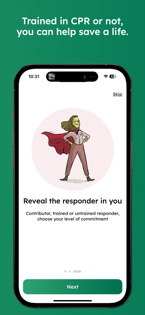 Onboarding screen for the Staying Alive app featuring a superhero illustration and the heading Reveal the responder in you