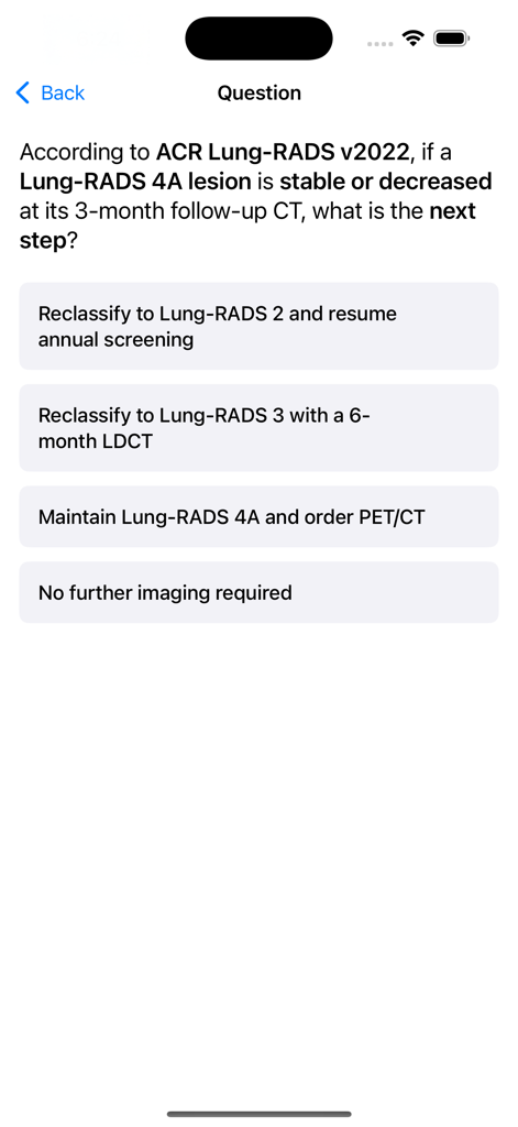 Lung Cancer Screening Guide - Clinical self-assessment quiz question regarding ACR Lung-RADS v2022 guidelines.