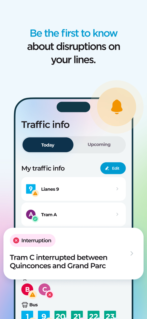 Interfaz de la aplicación TBM mobilités mostrando información de tráfico en tiempo real y alertas de interrupción del servicio para tranvías y autobuses