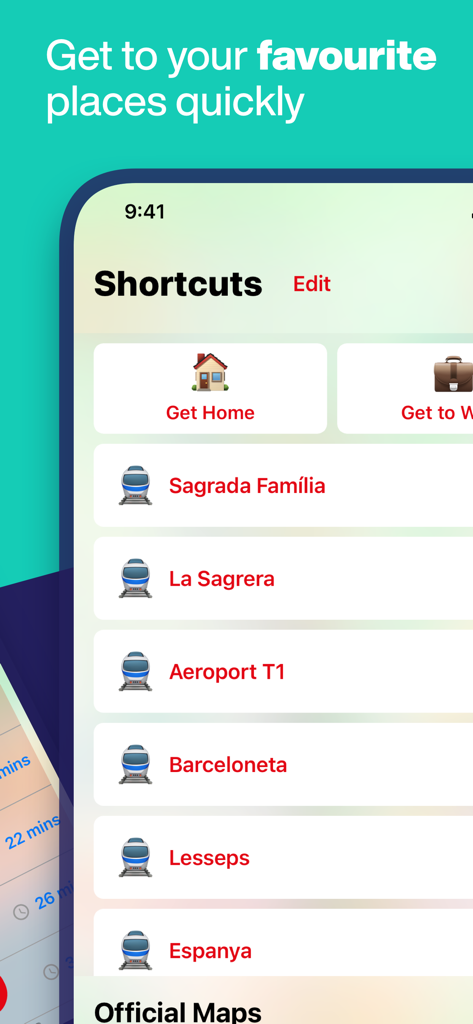 Barcelona Metro app shortcuts screen showing quick routes to destinations like Sagrada Familia and the airport