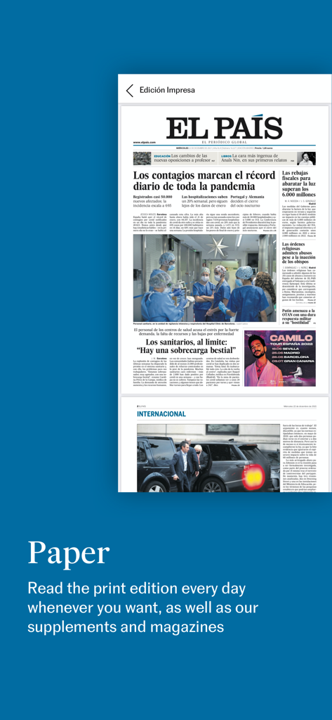 Digital replica of the EL PAIS newspaper print edition in the app