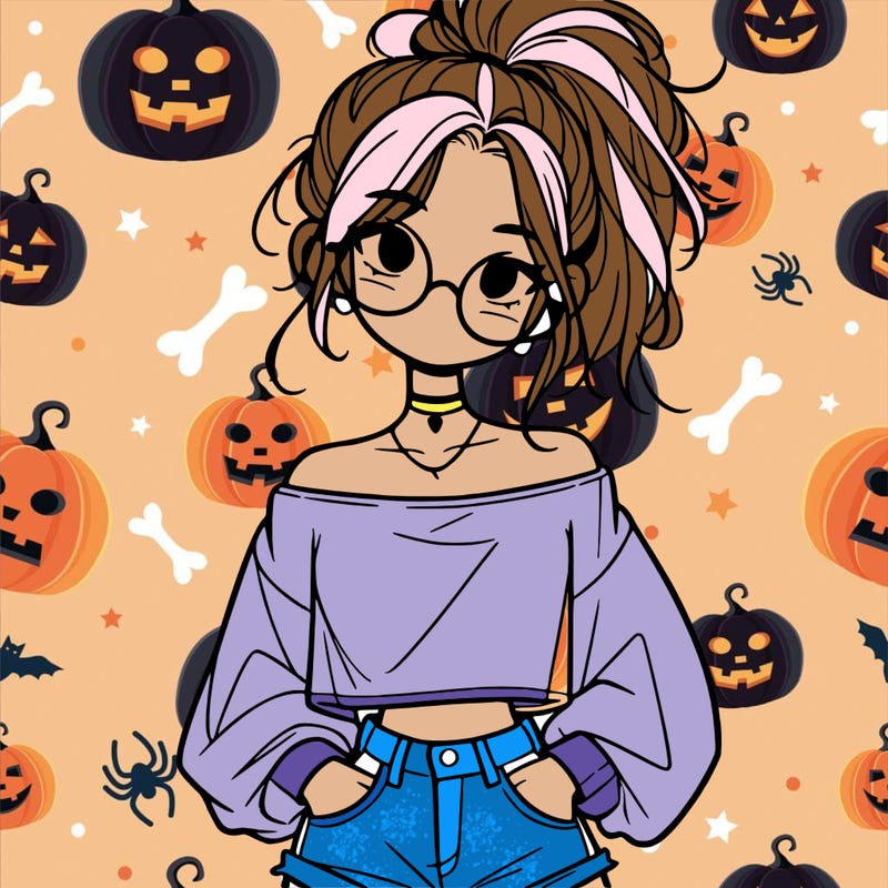 girl with a messy ponytail glasses a baggy crop top and jean shorts