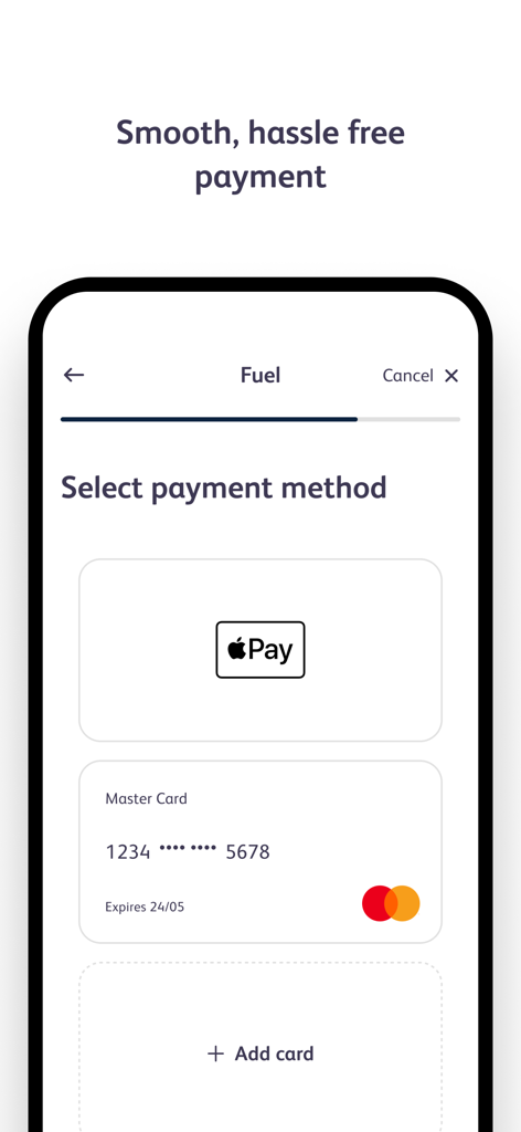 F24 - F24 app interface for selecting fuel payment methods like Apple Pay and Mastercard