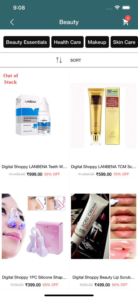 Digital Shoppy - Sección de belleza de la aplicación Digital Shoppy que muestra productos para el cuidado de la piel y el bienestar con precios de descuento