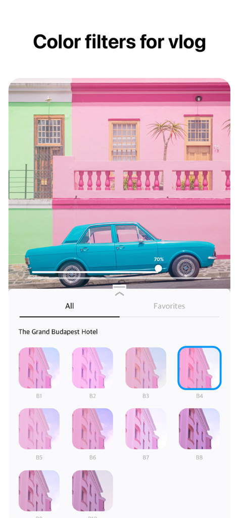 Vlogr app interface displaying cinematic color filters and aesthetic presets for video editing
