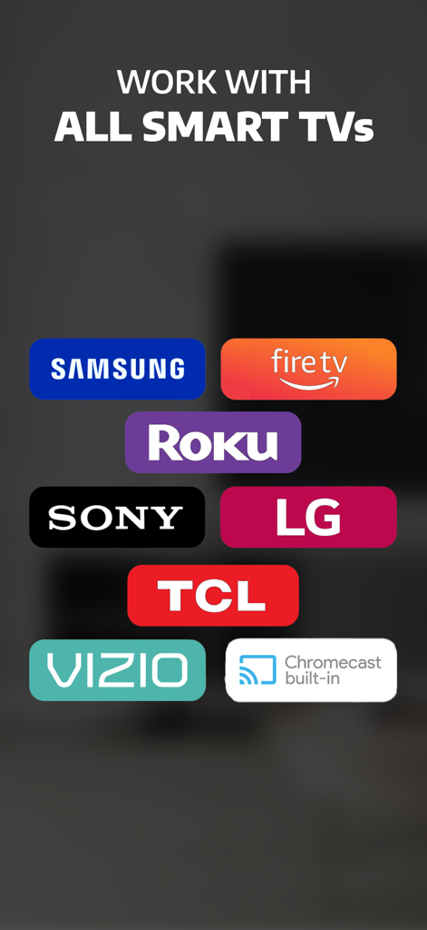 AllShare Cast ㅤ - Graphic listing compatible smart TV brands including Samsung, Fire TV, Roku, Sony, LG, TCL, and Vizio.