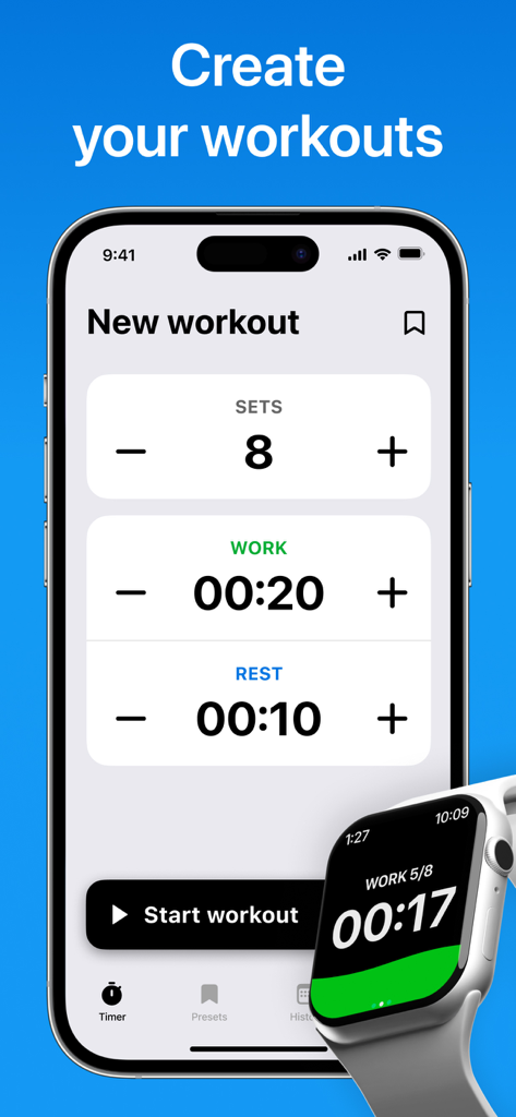 HIIT interval timer app showing workout setup on iPhone and Apple Watch