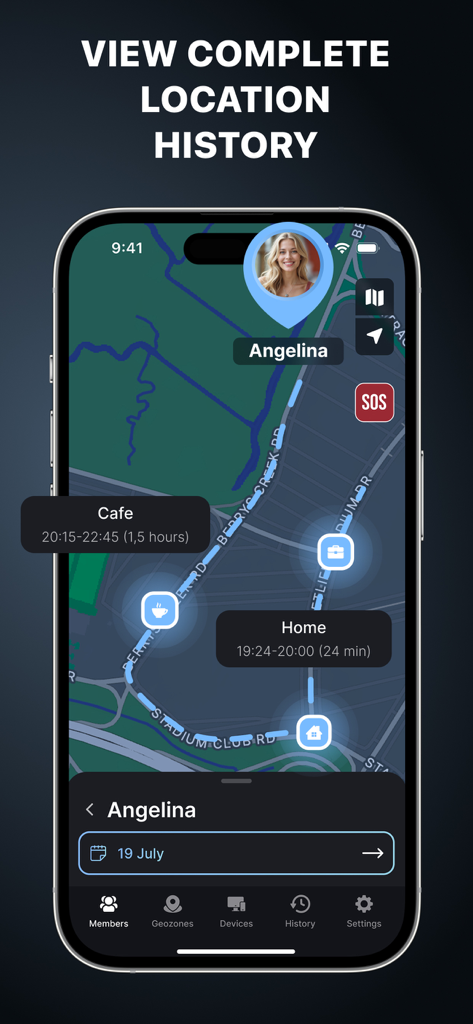 Interface do usuário mostrando um mapa detalhado do histórico de localização com carimbos de data/hora e locais visitados