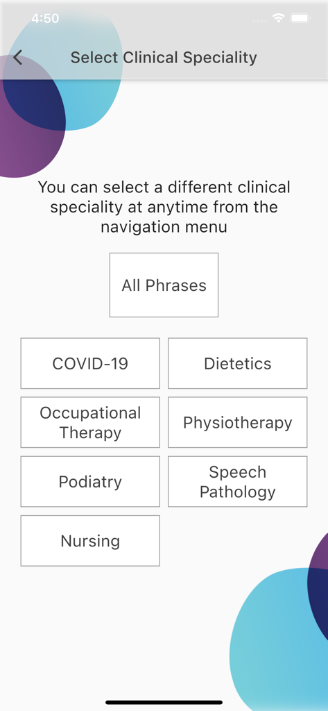 CALD Assist - Pantalla de selección de especialidad clínica en la aplicación CALD Assist con opciones para Enfermería, Fisioterapia y COVID-19.