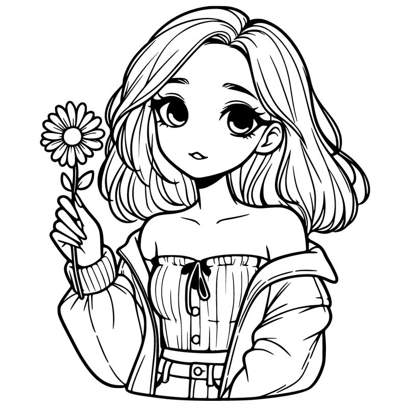 pretty realistic girl  whith a flower in her hand which an off the  shoulders jacket