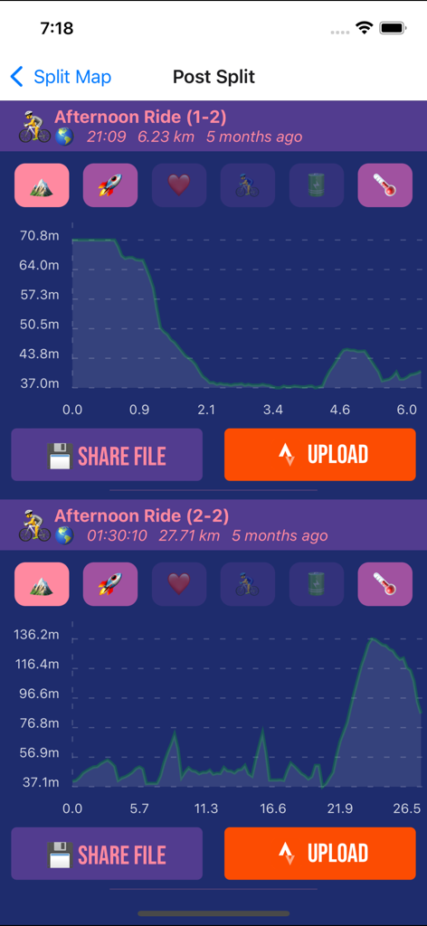 GPX Splice - Interfaz de la aplicación GPX Splice que muestra un entrenamiento dividido en dos actividades separadas con gráficos de elevación.