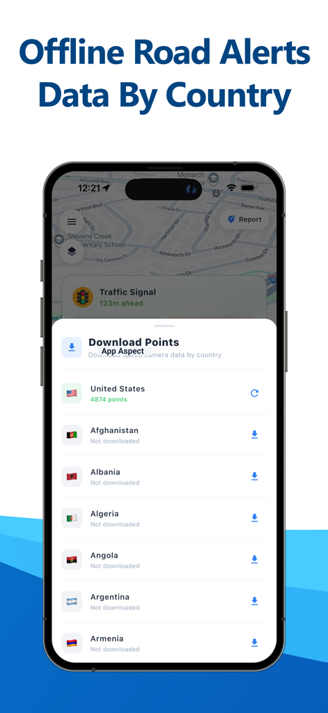 Speed Camera - Radar - Mobile app screen showing a list of countries for downloading offline speed camera and radar alerts data.