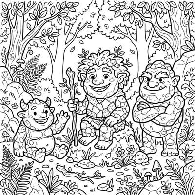 Unleash your child's creativity with this enchanting coloring page featuring three friendly Stone Trolls. Perfect for young adventurers, this scene in a lush forest promises hours of imaginative fun.
