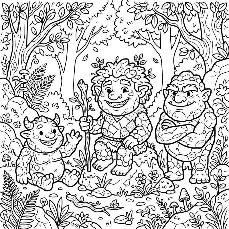 Unleash your child's creativity with this enchanting coloring page featuring three friendly Stone Trolls. Perfect for young adventurers, this scene in a lush forest promises hours of imaginative fun.