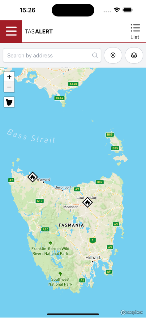 TasALERT - TasALERT app screen showing an interactive map of Tasmania with fire emergency icons and a search bar
