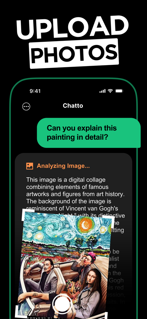 Interface of Chatto AI app showing the upload photo feature for detailed image analysis of an art collage.