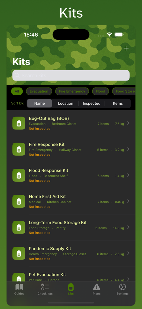 List of emergency preparedness kits in the Survivalist app showing bug out bags and fire response kits