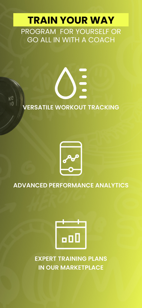 TrainHeroic: Strength Training - Infografica che mostra le funzionalità dell'app TrainHeroic per l'analisi delle prestazioni del tracciamento degli allenamenti e i piani di allenamento di esperti.