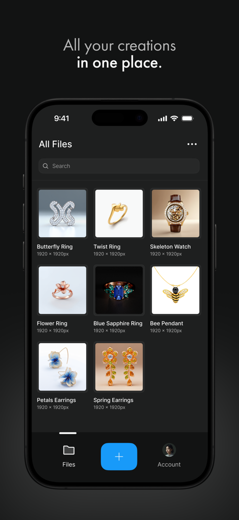 Mobile app gallery displaying various AI generated jewelry designs like rings and pendants