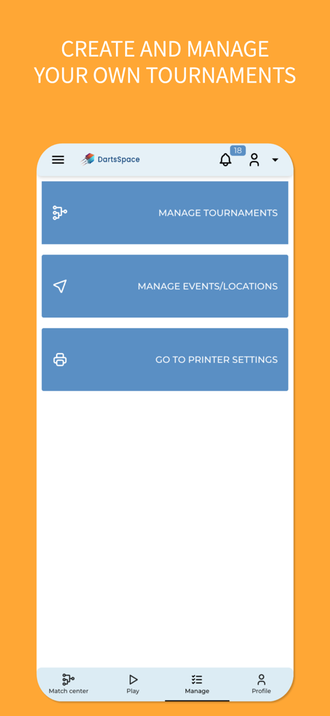 DartsSpace - Interface of the DartsSpace app showing options to manage tournaments, events, and locations.