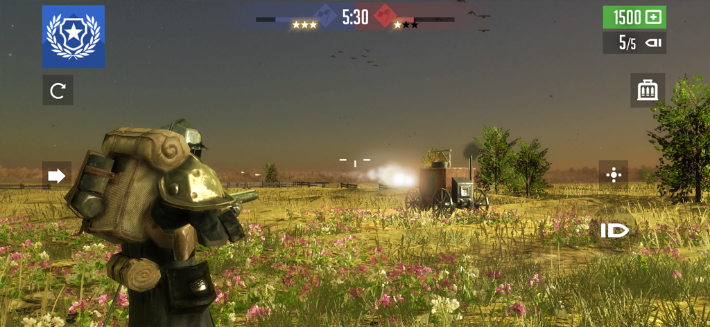 Third person perspective of a soldier in armor facing a steam tank on a flowered battlefield