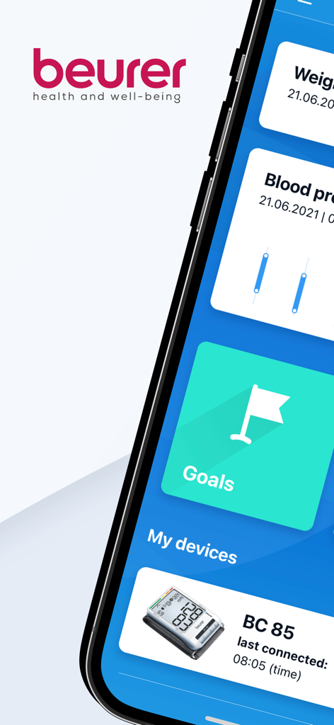 beurer HealthManager Pro - Panel de la aplicación Beurer HealthManager Pro que muestra objetivos de salud y monitor de presión arterial conectado