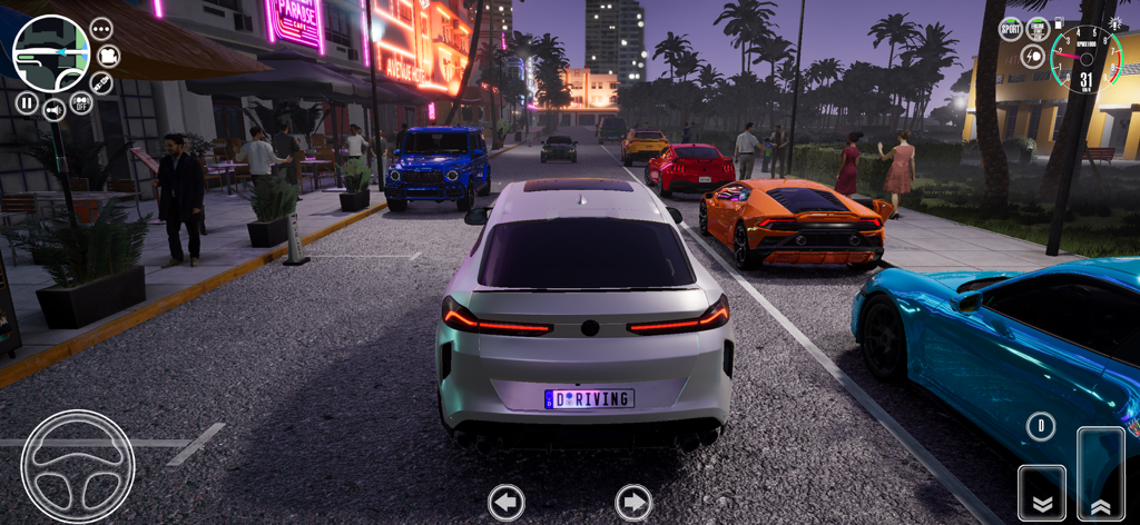 Driving School Simulator : EVO - A white luxury car driving through a neon lit city street at night with several other sports cars.