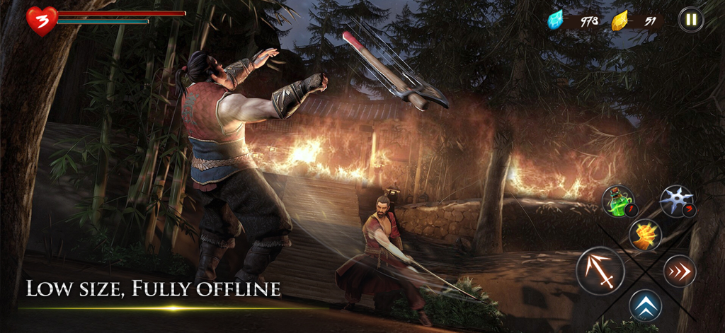 Takashi ninja warrior engaging in sword combat in a 3D offline RPG.